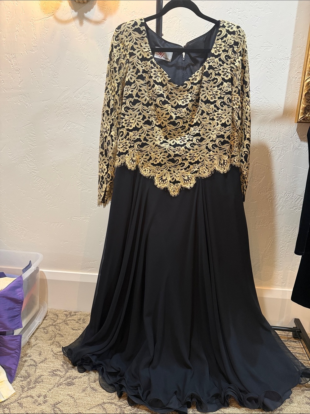 RJ  Boutique Black Evening Gown with Gold Lace Overlay